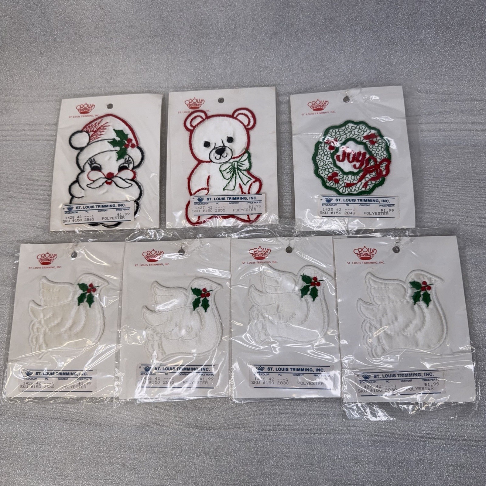 7x Christmas Appliques St Louis Trimming Crown Originals Sew-On Bear Santa Dove
