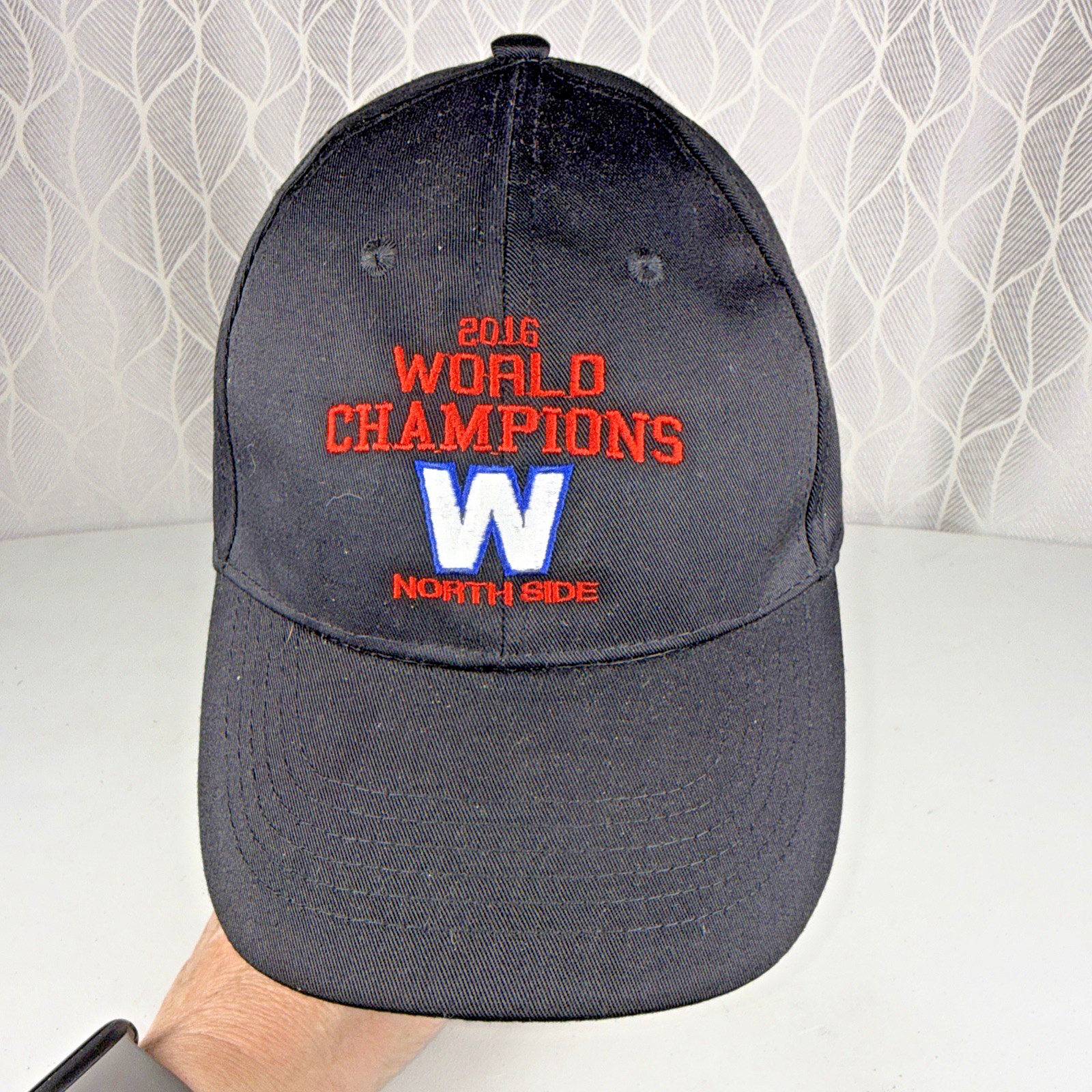 2016 World Champions W Northside Hat Cap Red and White on Black Hook Loop HTT