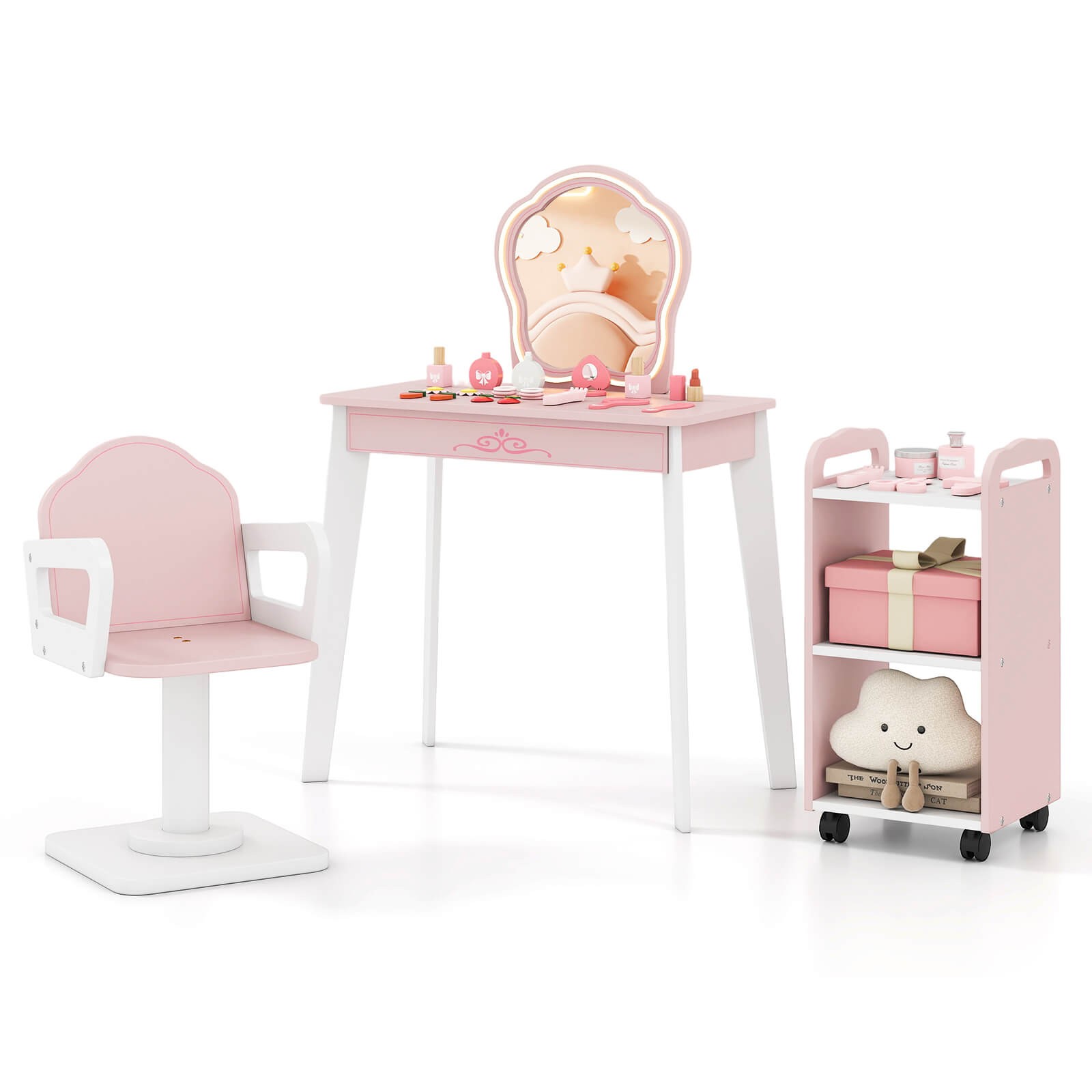 Kids Hair Salon Play Set w/LED Lighted Mirror, Swivel Barber Chair, Rolling Cart