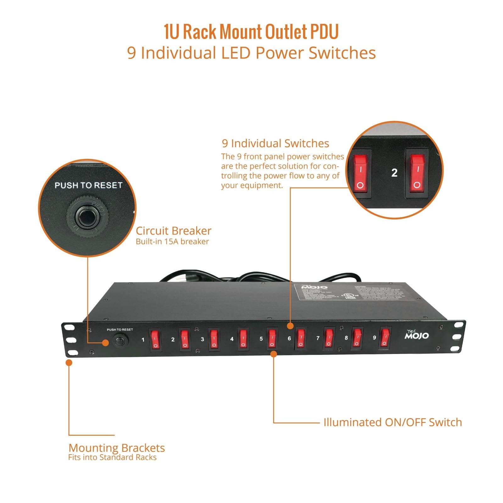 9-Outlet Rack Mount 9 Outlets/12A/Overloading Protection, Black