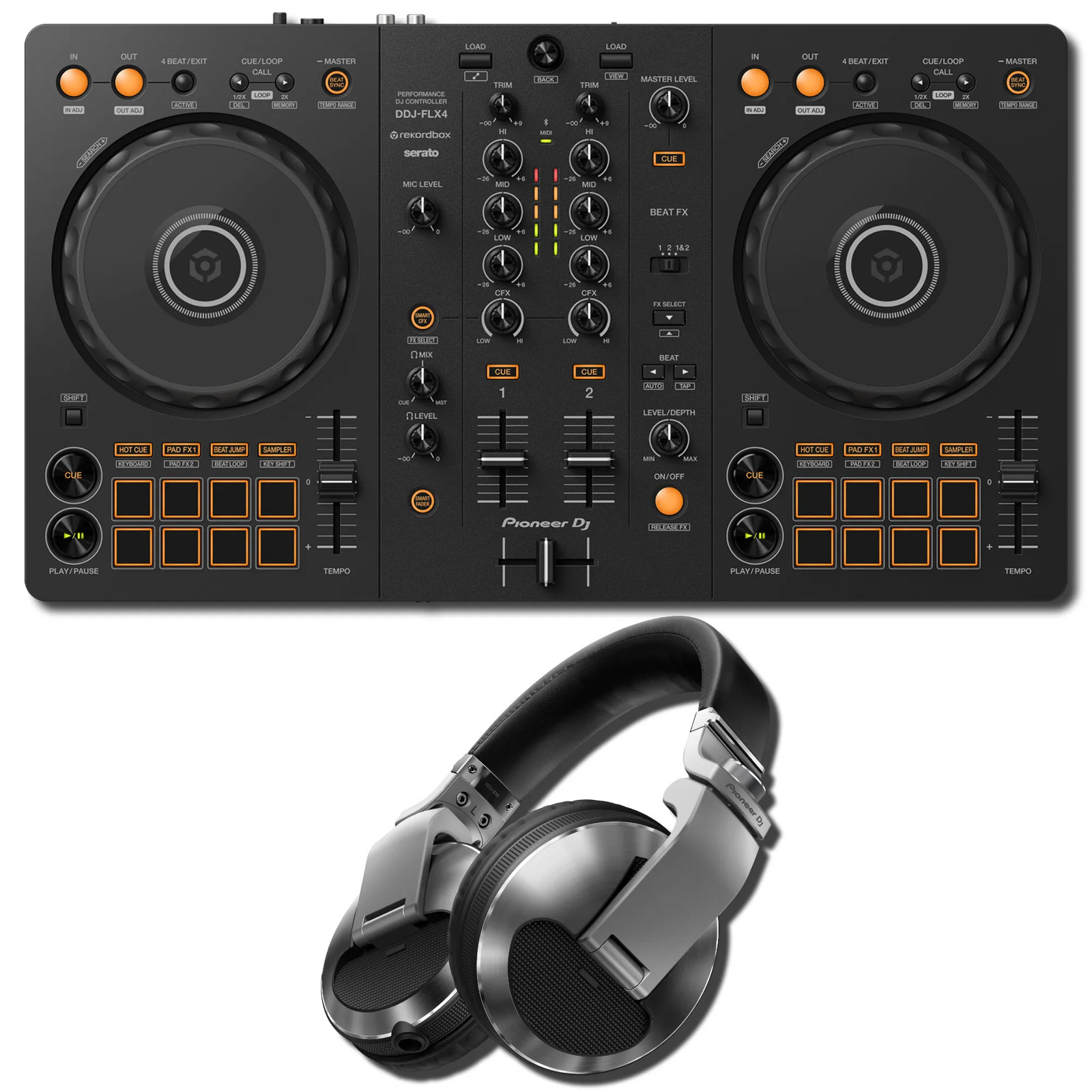 Pioneer DJ DDJ-FLX4 2-Channel DJ Controller w/ HDJ-X10-S Silver Flagship Headpho