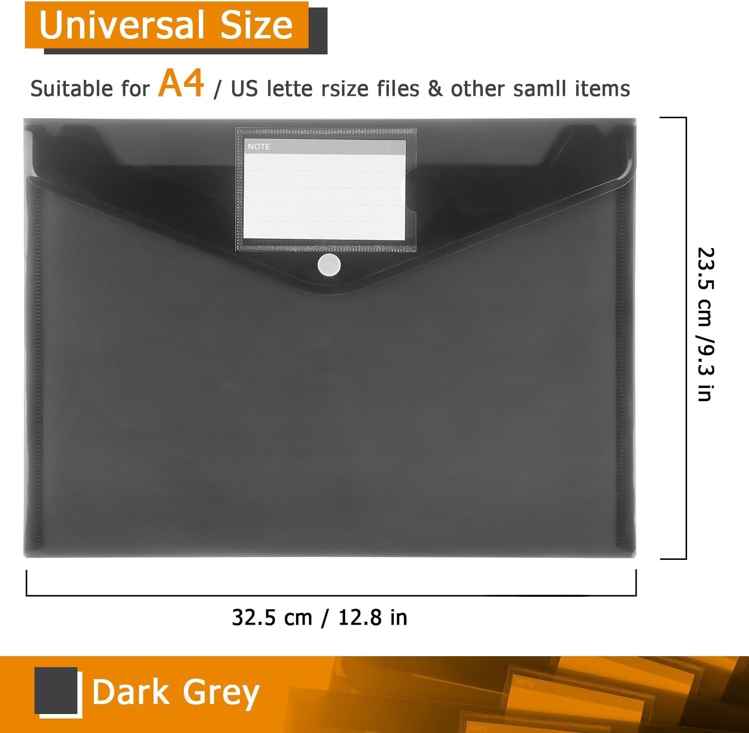 Translucent 6 Pack Plastic Envelopes with Snap Button & Label Pocket - Dark Grey