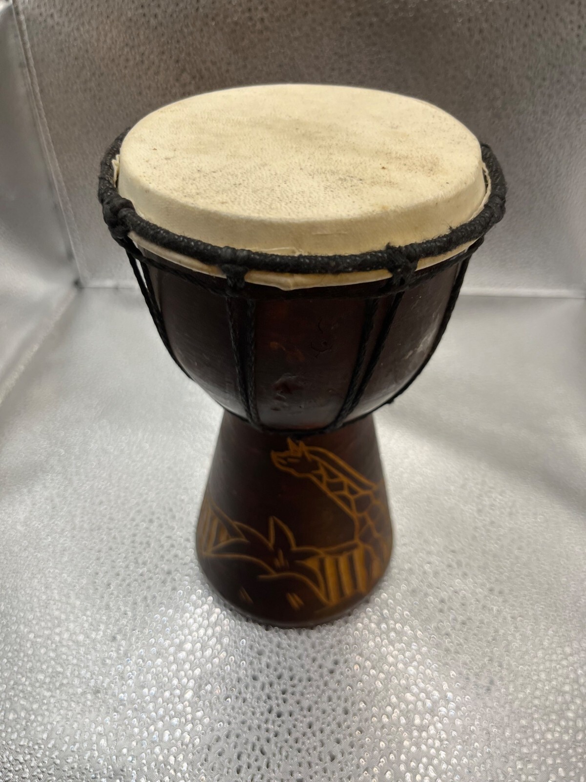 Mini Handcrafted African Djembe Drum With Giraffe Design 8" Brown & Beige