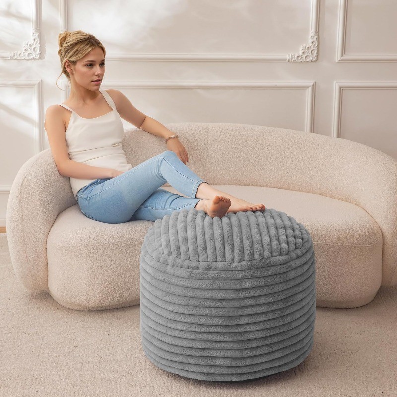 HIGOGOGO Round Stuffed Pouf Ottoman, Stripe Faux Fur Poufs