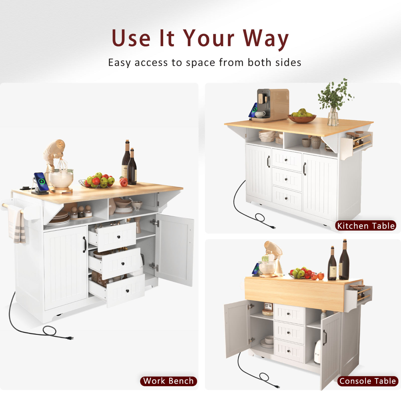 White 55.7'' Large Kitchen Island 2 Drop Leaf,, Rolling Kitchen Cart 5 Wheels