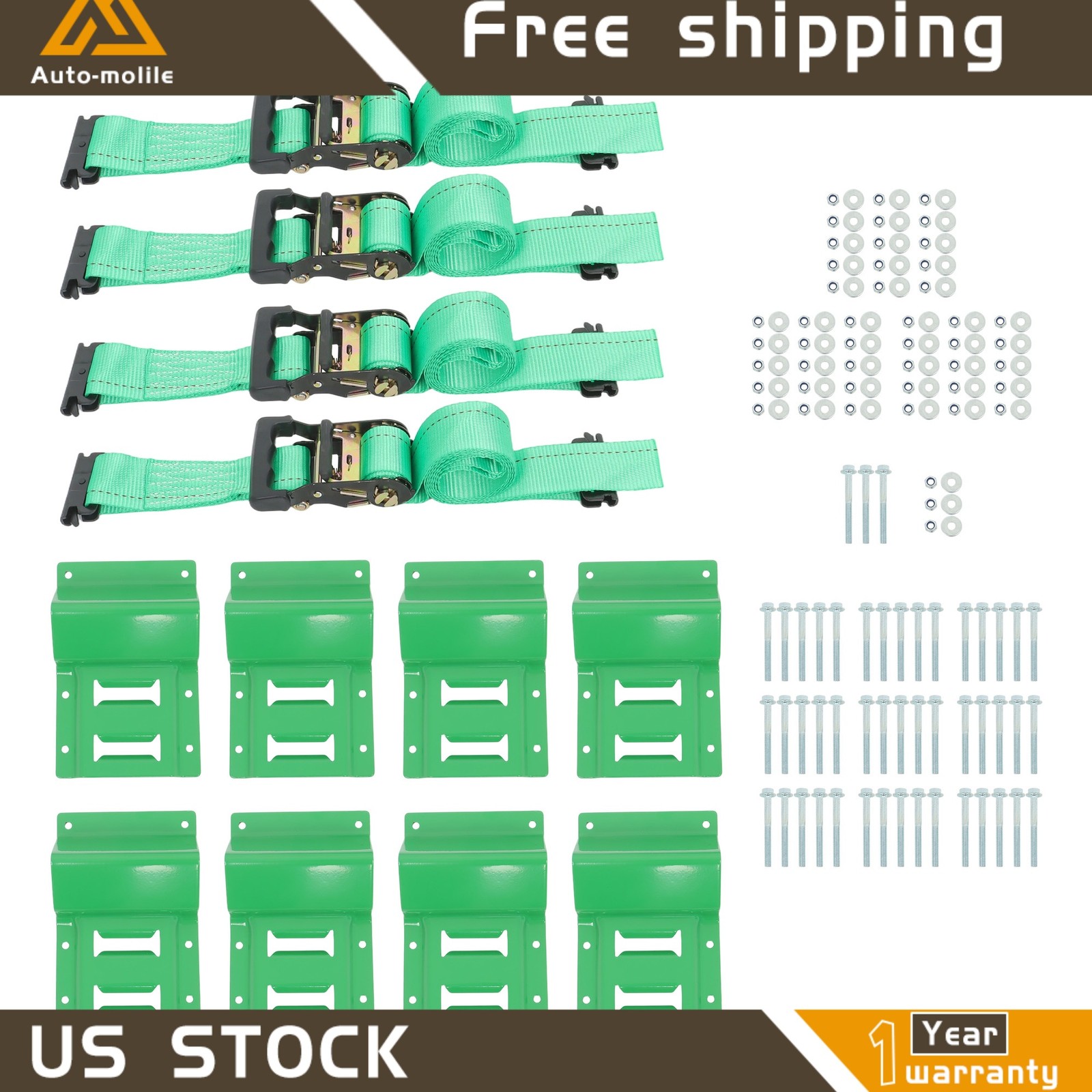E Track Wheel Chock Tie Down System 8' Green Ratchet Straps Durable Secure Cargo