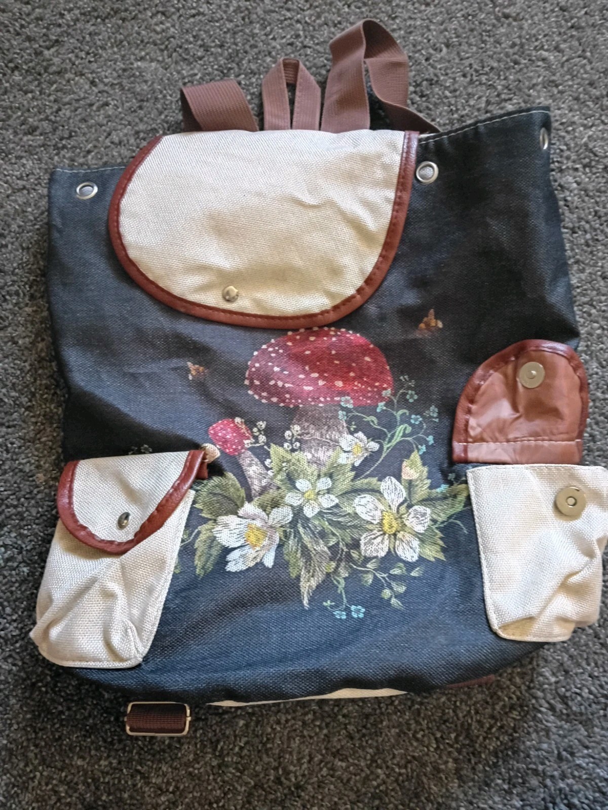 Women’s Canvas Floral Hiking Backpack Snap Closure Blue Beige Brown Pre-Owned