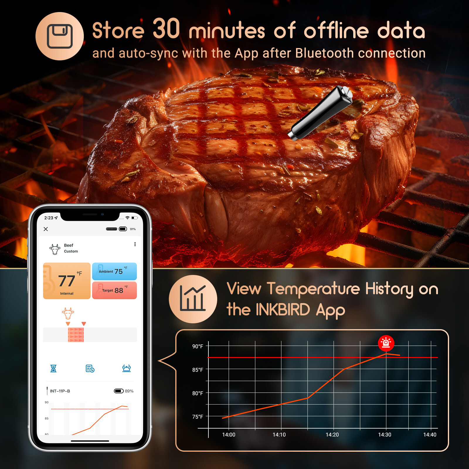 Wireless Meat Thermometer Bluetooth BBQ Temperature Meter Oven Grill 300ft App