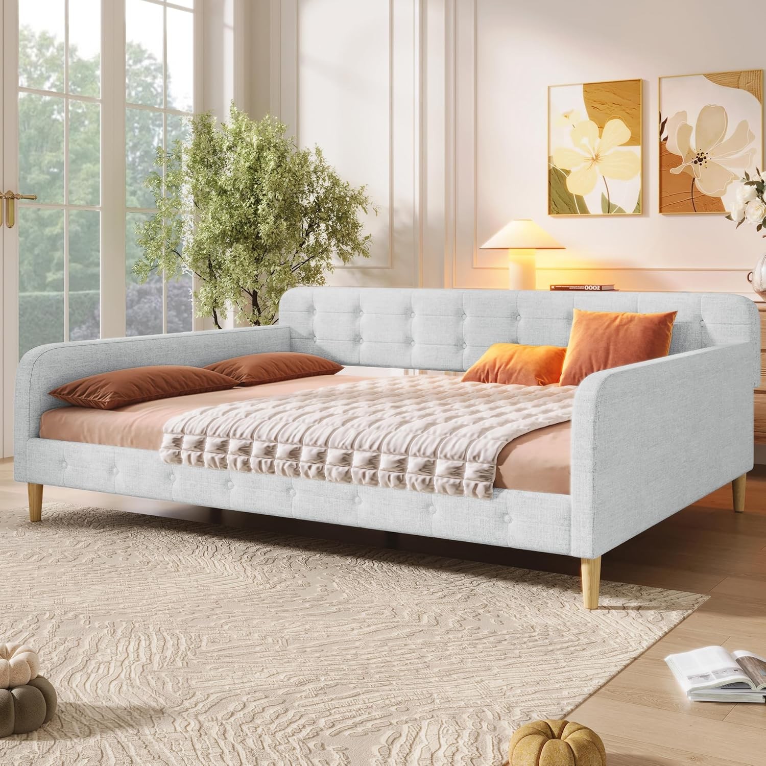 Twin Size Upholstered Daybed W/ 4 Support Legs Linen Sofa Bed Frame W/ Button
