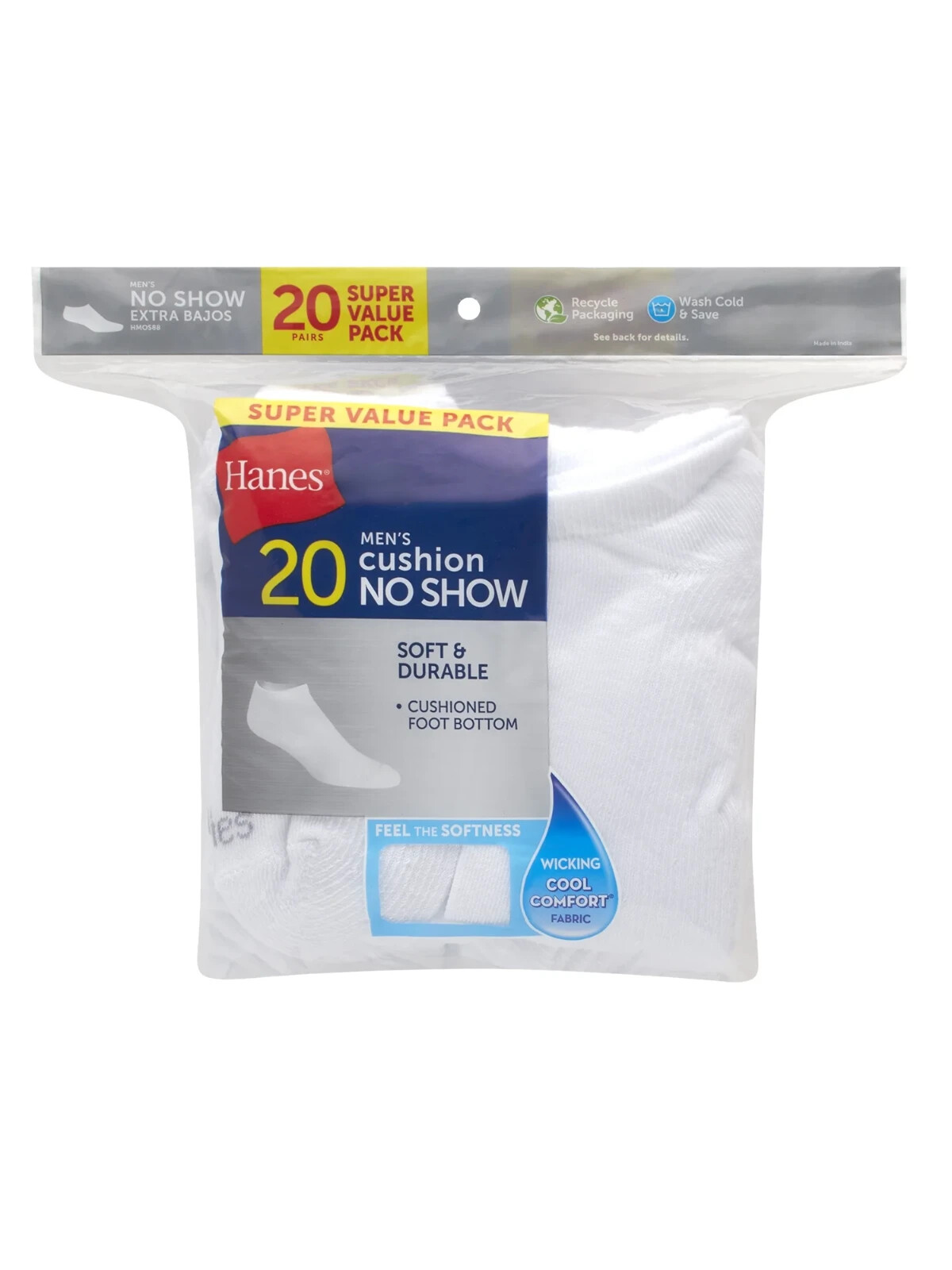 Hanes No Show Socks Mens White 20 Pair Size 6-12 Cushion Soft Comfort Polyester