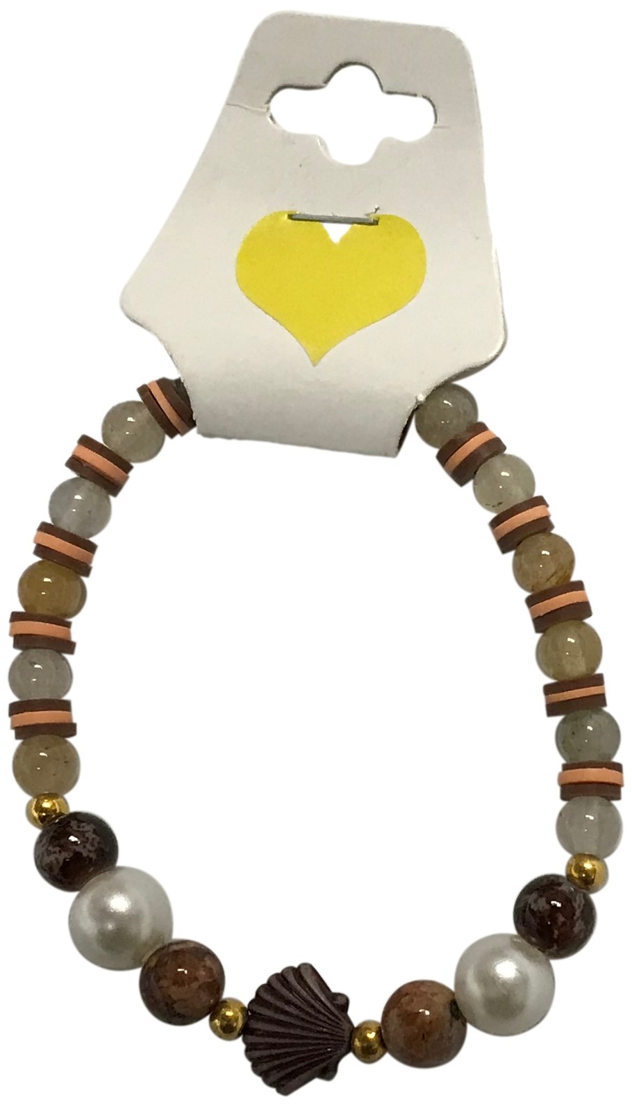 Handmade Wood Pearl Beaded Bracelet Earth Tone Gemstone Seashell Charm Jewelry