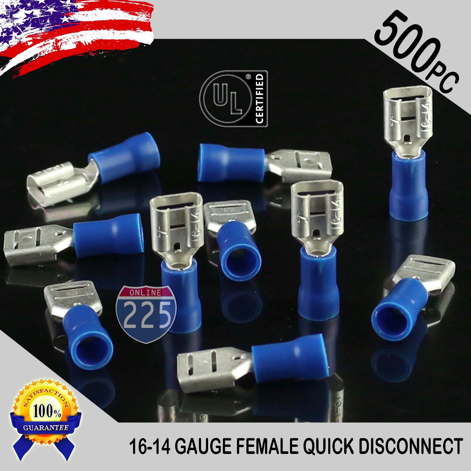 500 Pack 16-14 Gauge Female Quick Disconnect Blue Vinyl Crimp Terminals .250" US