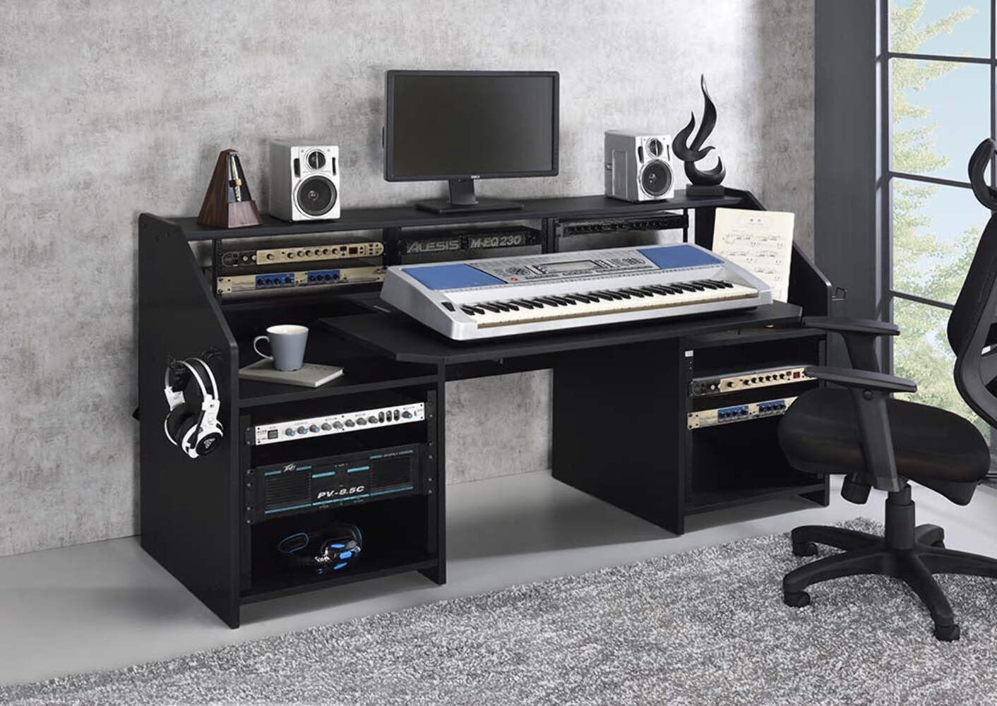 Annette Black Music Studio Desk with Pull-Out Tray & Earphone Racks