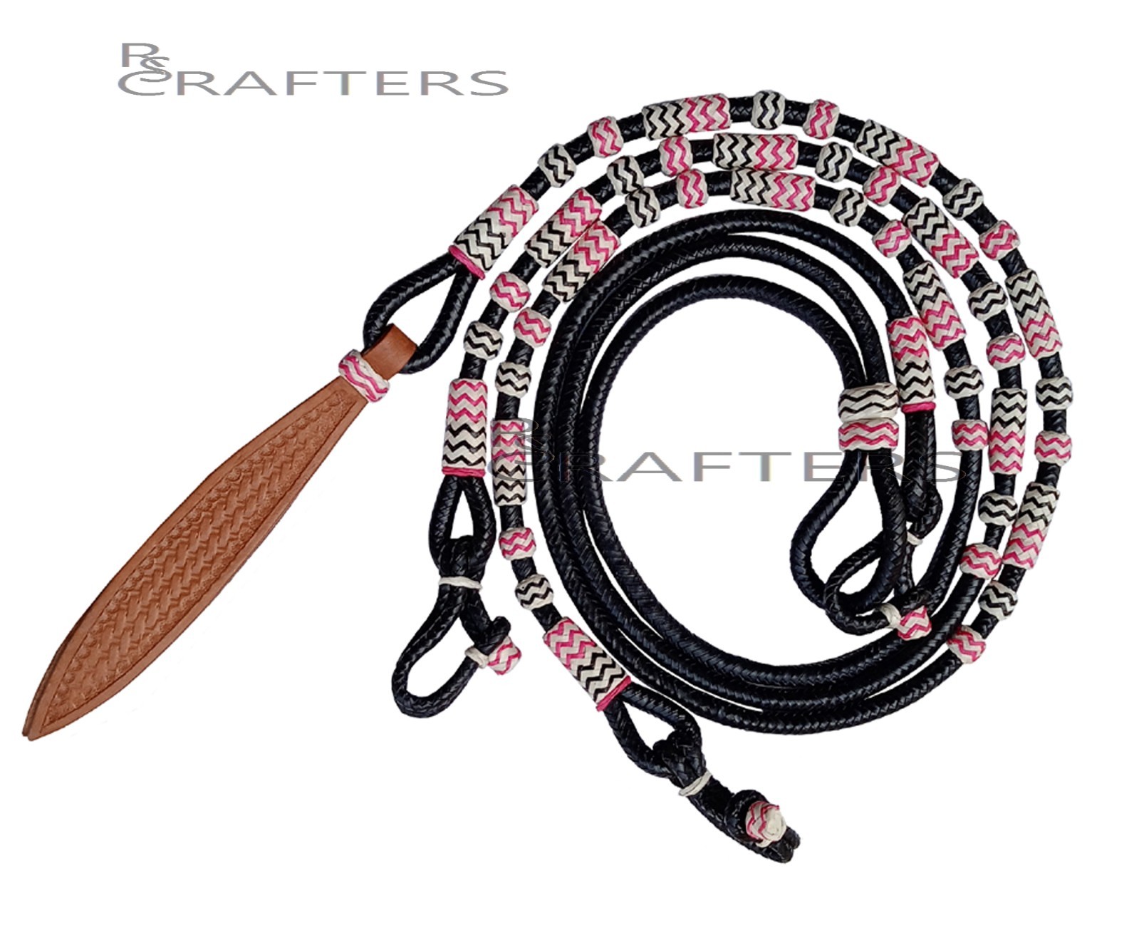 Black Rope Multicolor Knots Raw Hide Leather Horse Tack Show Romal Romel Reins36