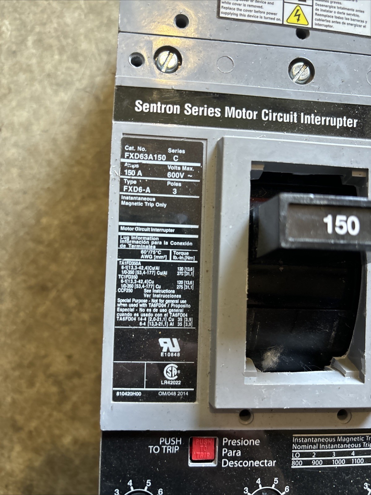Siemens FXD63A150 600V 150A 3-Pole Molded Case Circuit Breaker