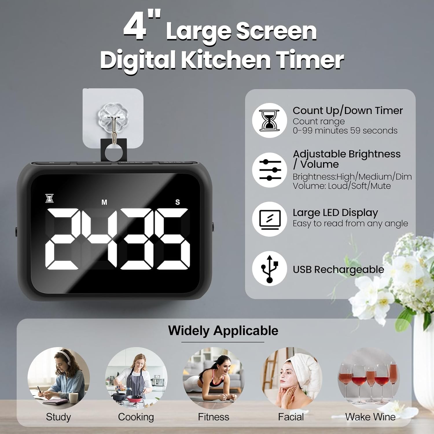 USB Rechargeable Loud Digital Kitchen Timer with Large LCD Display & Loud Alarm