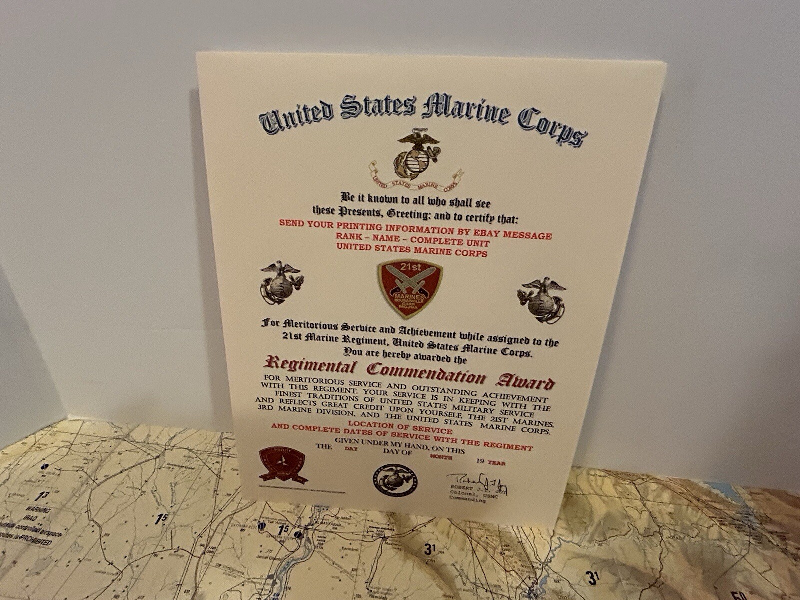 U.S.M.C. / 21ST MARINE REGIMENT - REGIMENTAL COMMENDATION AWARD CERTIFICATE
