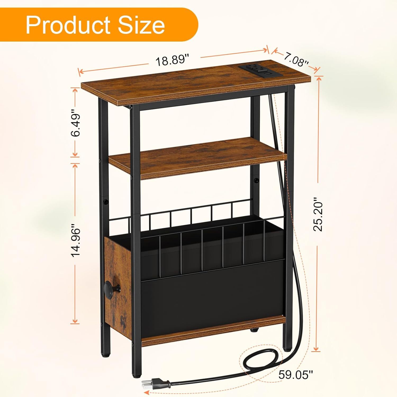 Snughome Narrow Side Table with Charging Station, Slim End Rustic Brown