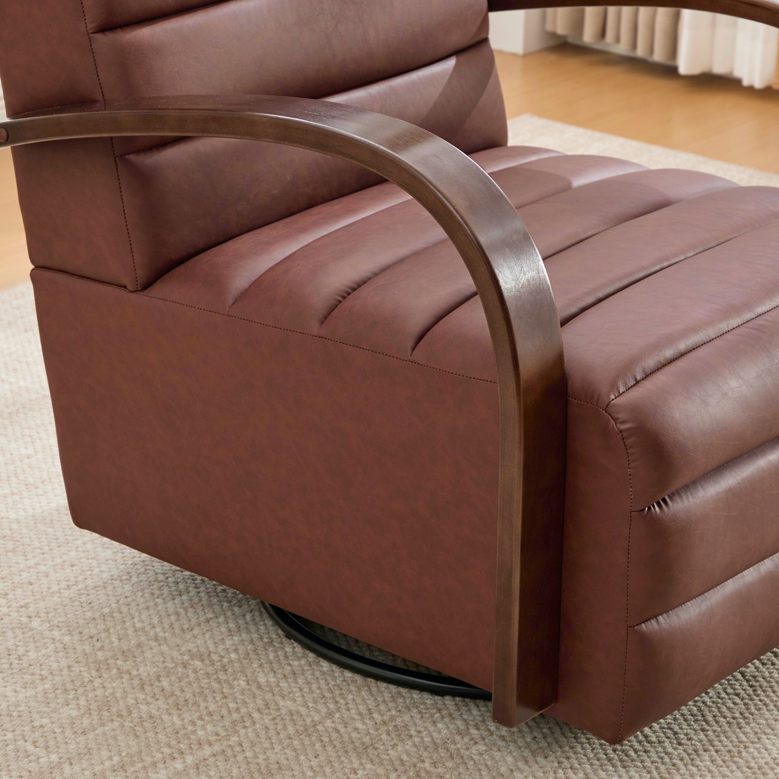 360° Swivel Accent Chair, Tufted with Wood Armrests, Brown