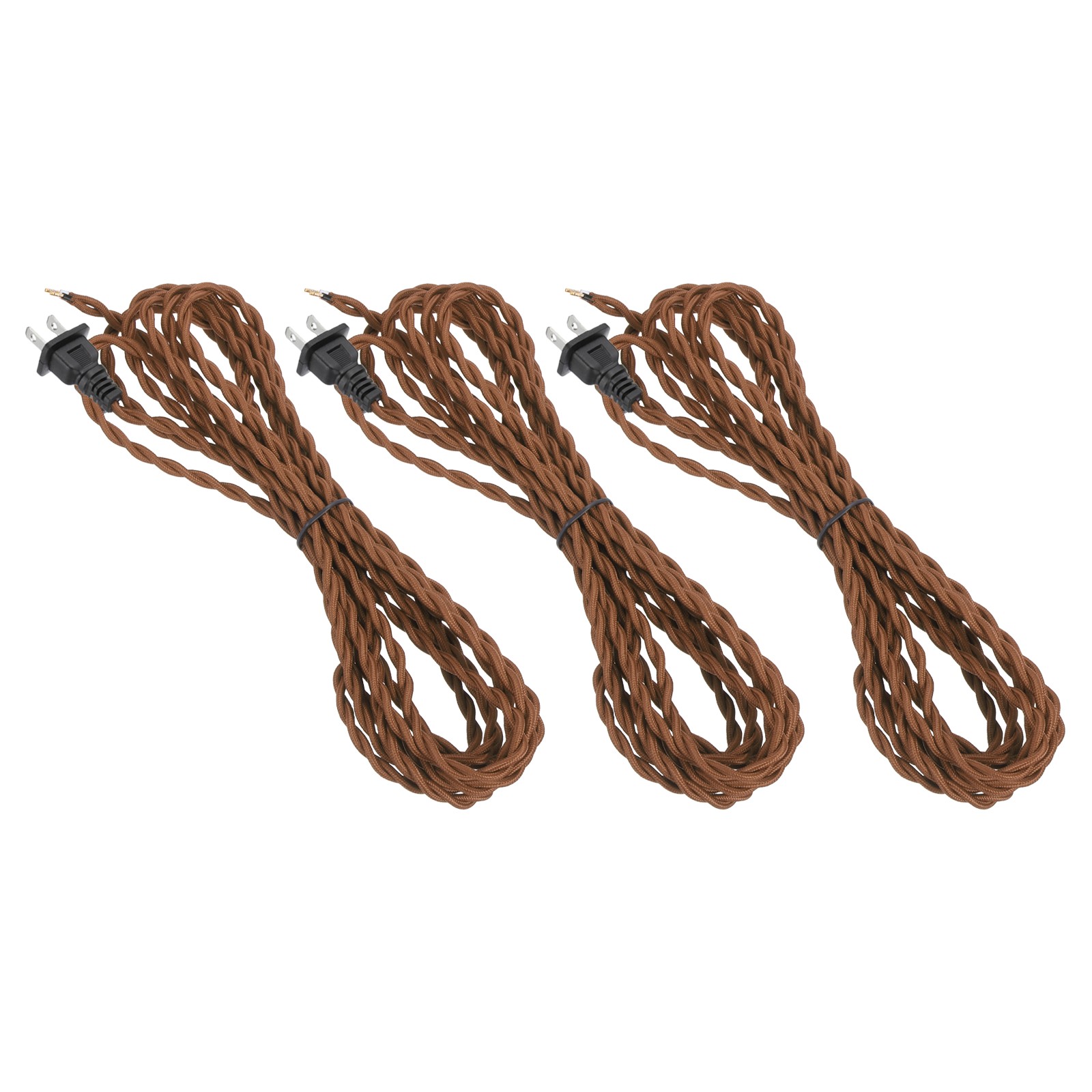 3 Pcs 15Ft 18/2 Twisted Cloth Lamp Cord with Plug, Light Brown