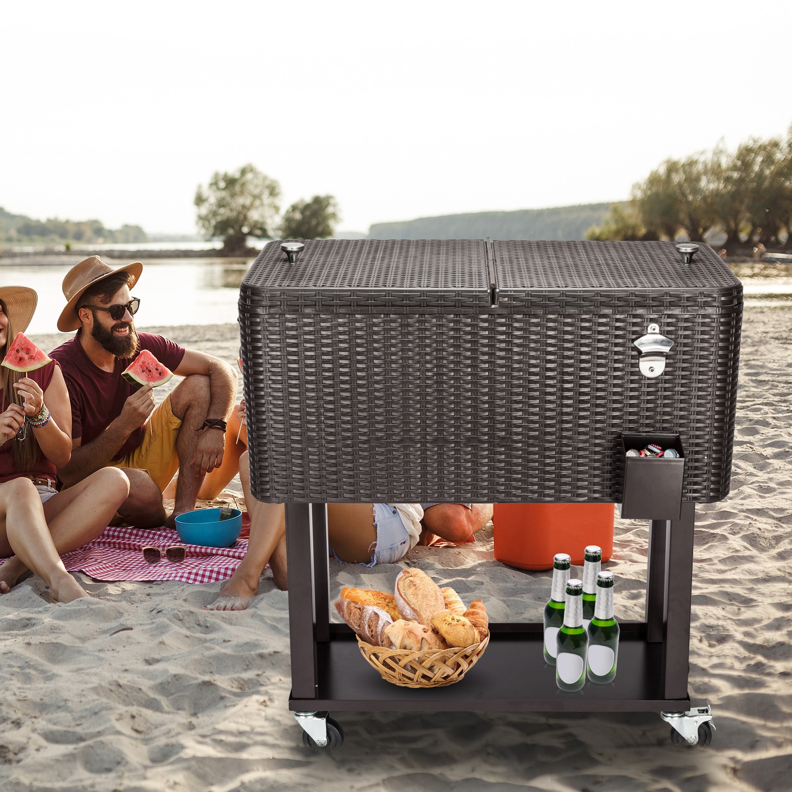 Rattan 80QT Patio Rolling Cooler Cart, Ice Beer Beverage Chest Cool for Outdoor
