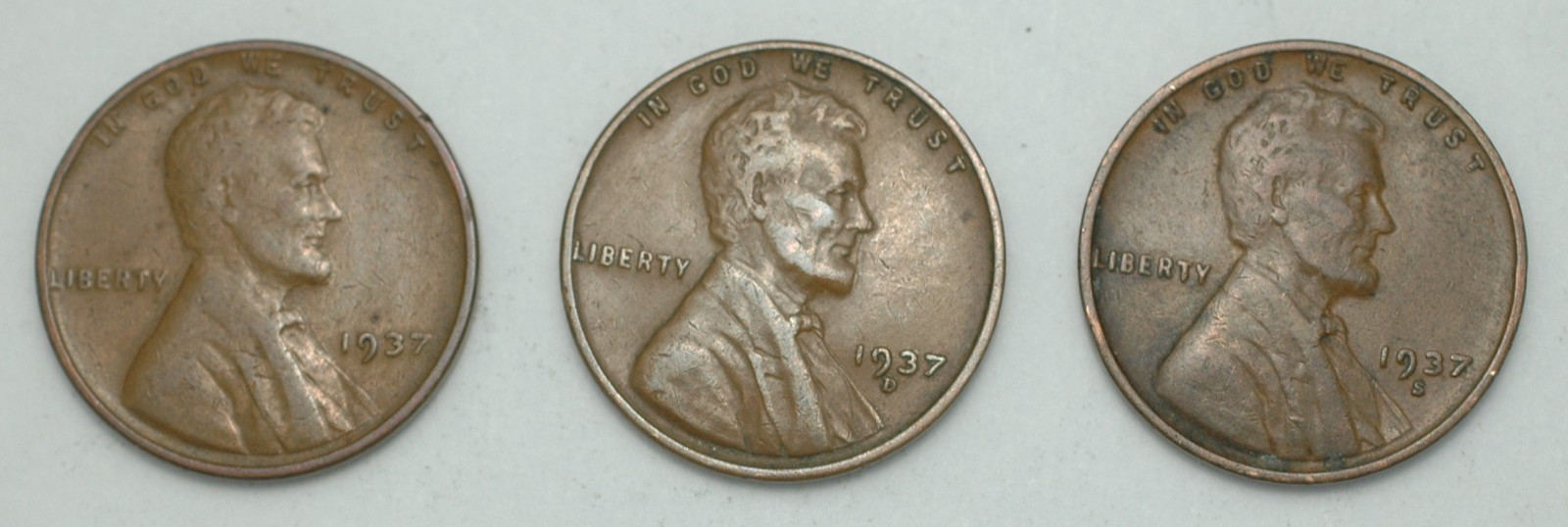 1937 P D S Lincoln wheat copper cent 3 coin year mint set