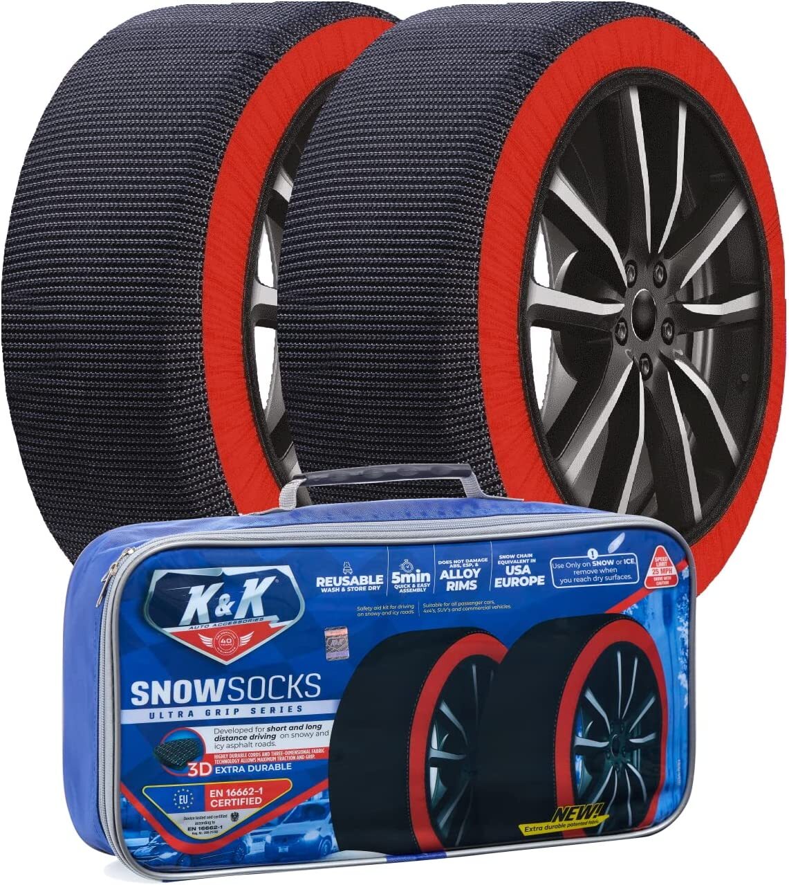 K&K Automotive Snow Socks for Tires -  Alternative Traction Device for Cars SUVs