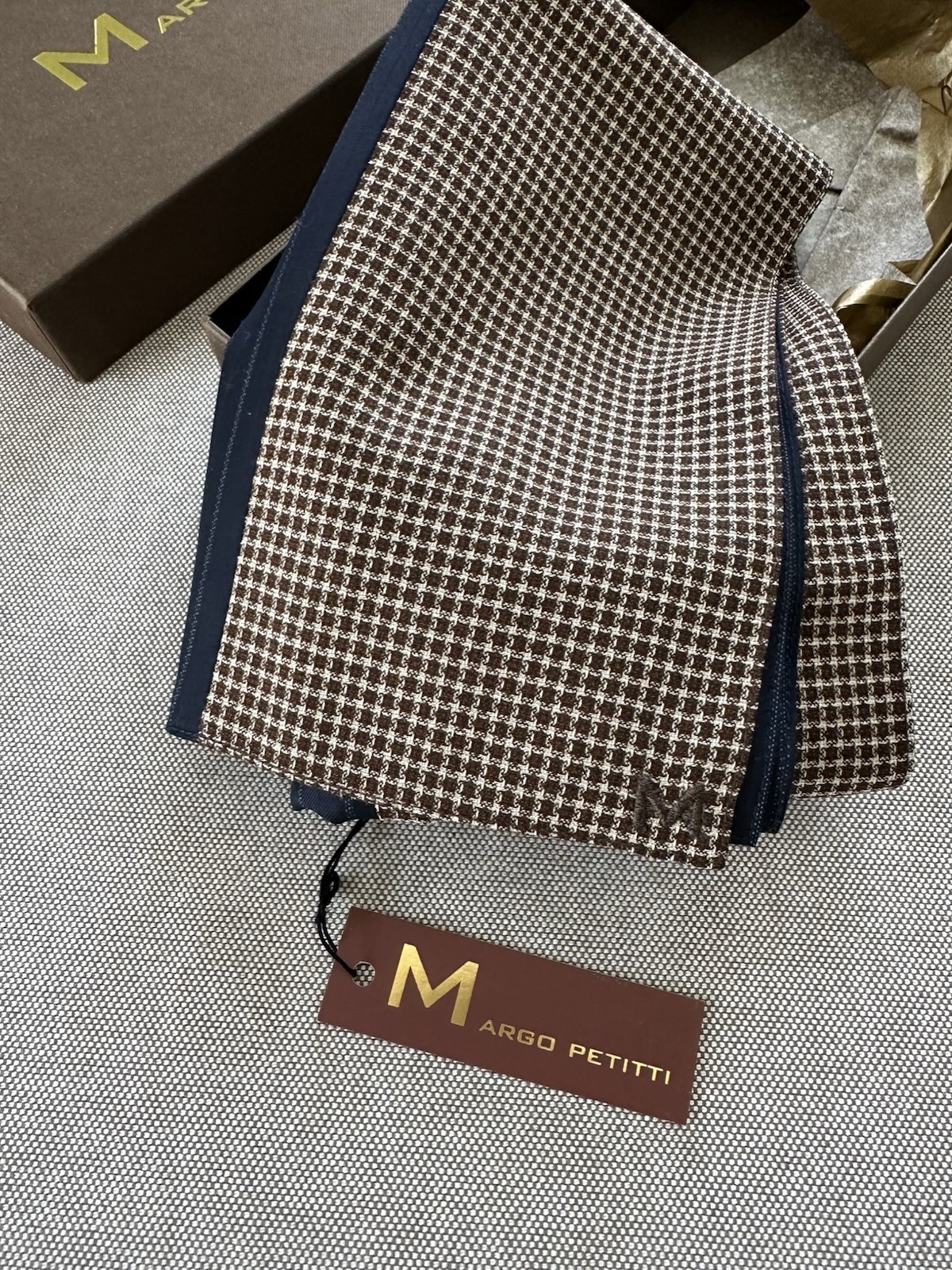 Margo Petitti Patchwork Wool Scarf – Espresso & Navy Edition NWT