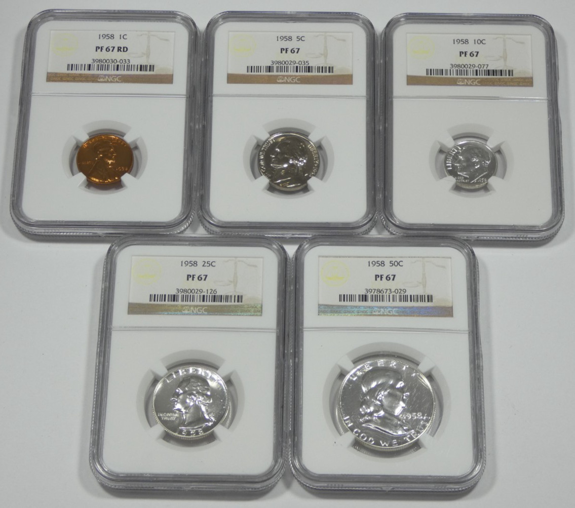 1958 US 1C, 5C, 10C, 25C, & 50C 5-piece Proof Set NGC PF 67