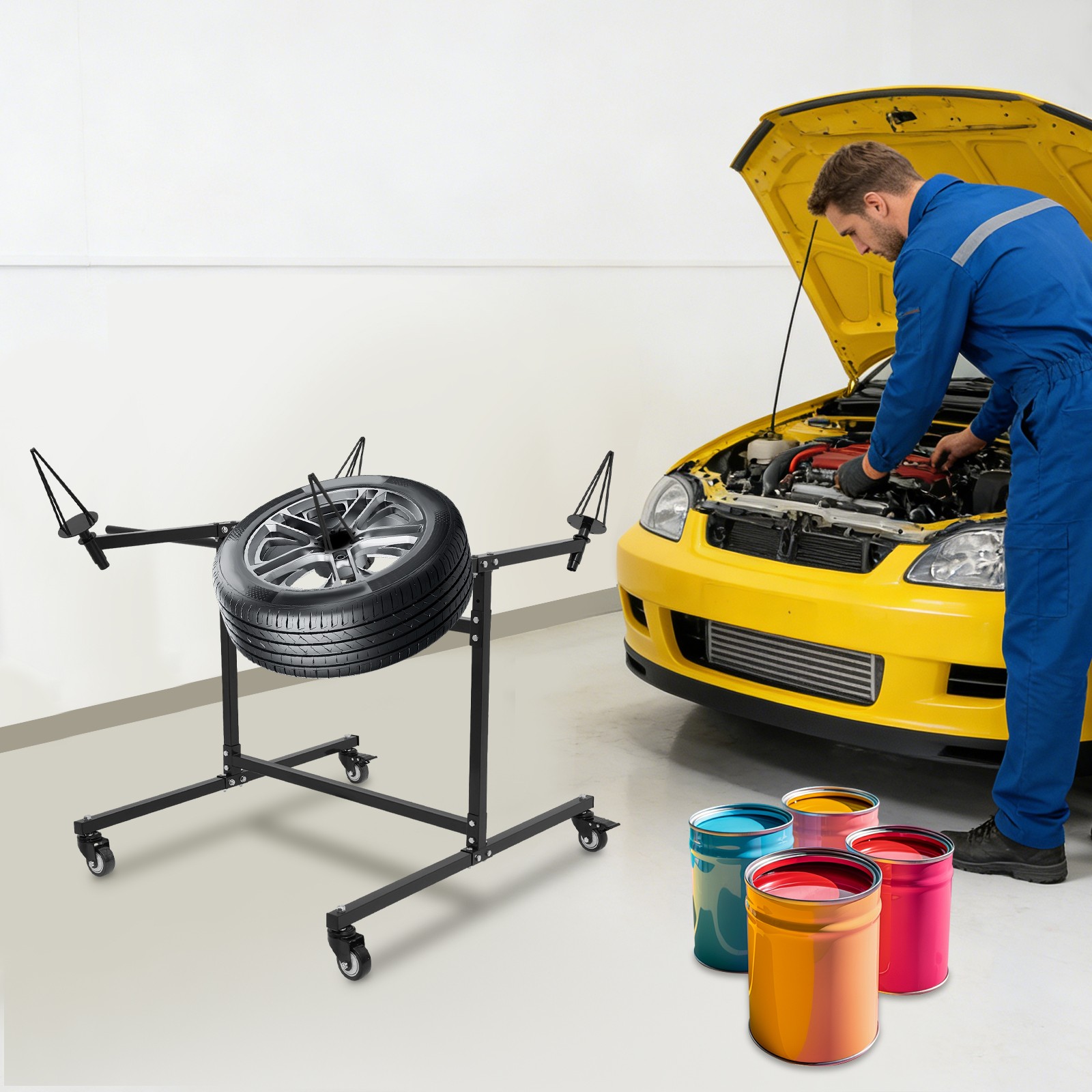 Black Heavy Duty Wheel Rim Painting Stand, Mobile Wheel Paint Stand 100*83*81cm