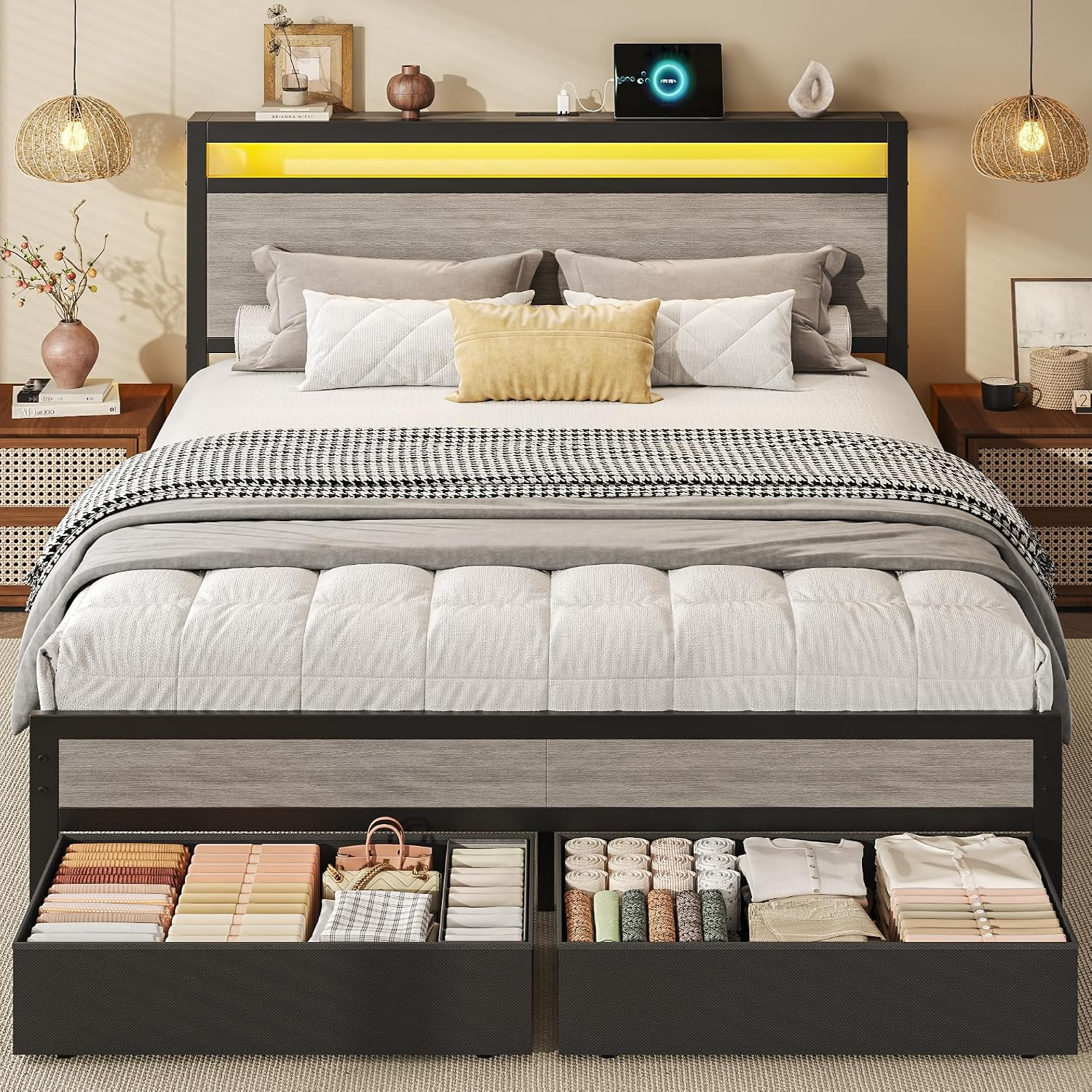 Queen Bed Frame with Storage, Wood Headboard with Fast Charging Station, LED Lig