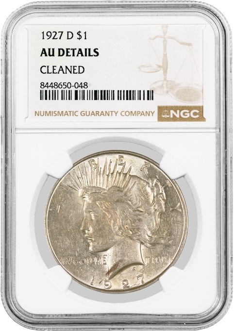 1927 D $1 Silver Peace Dollar NGC AU Details Cleaned About Uncirculated Coin #48