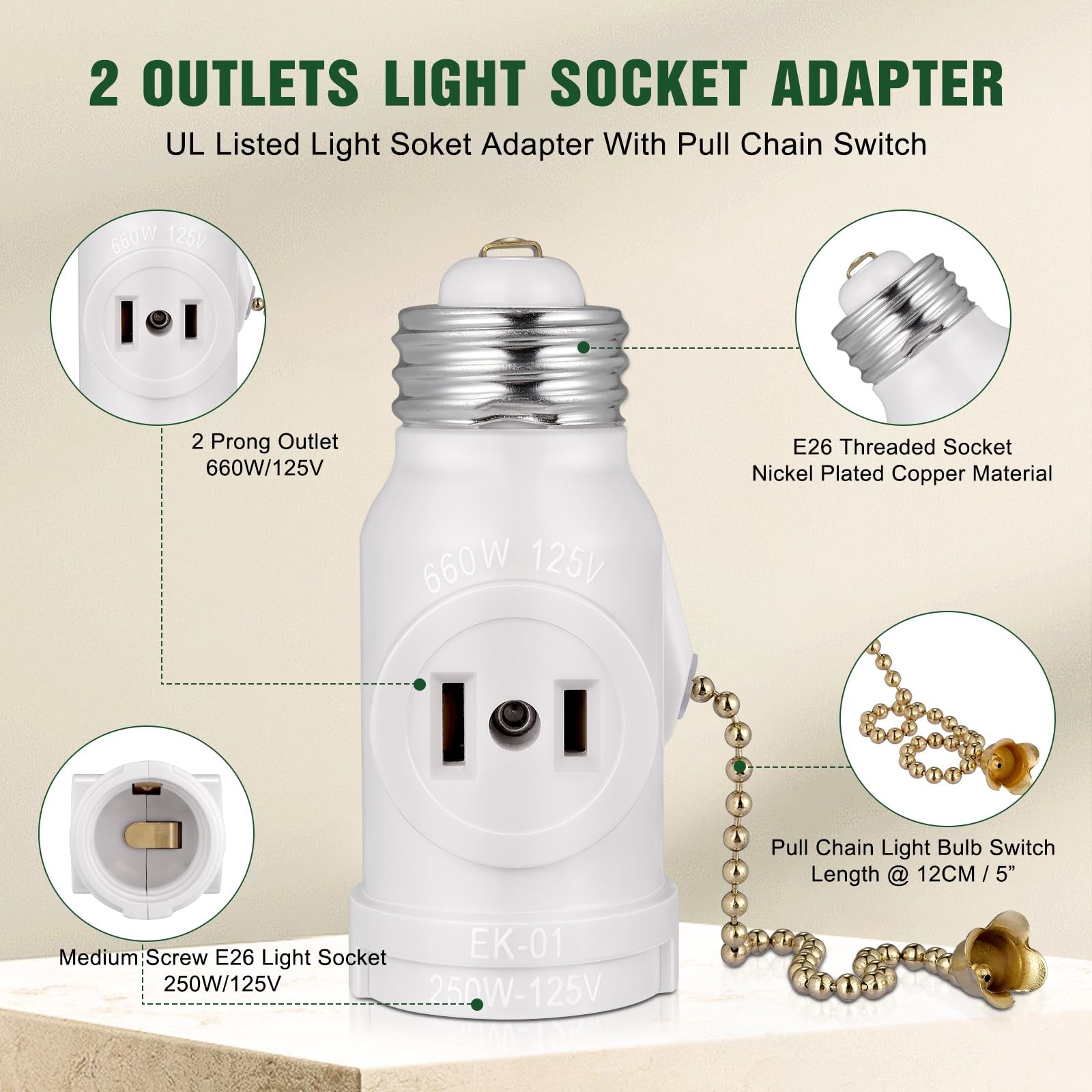 2-Pack E26 Light Socket Adapter - Converts Medium Screw 2-Pack, White Color