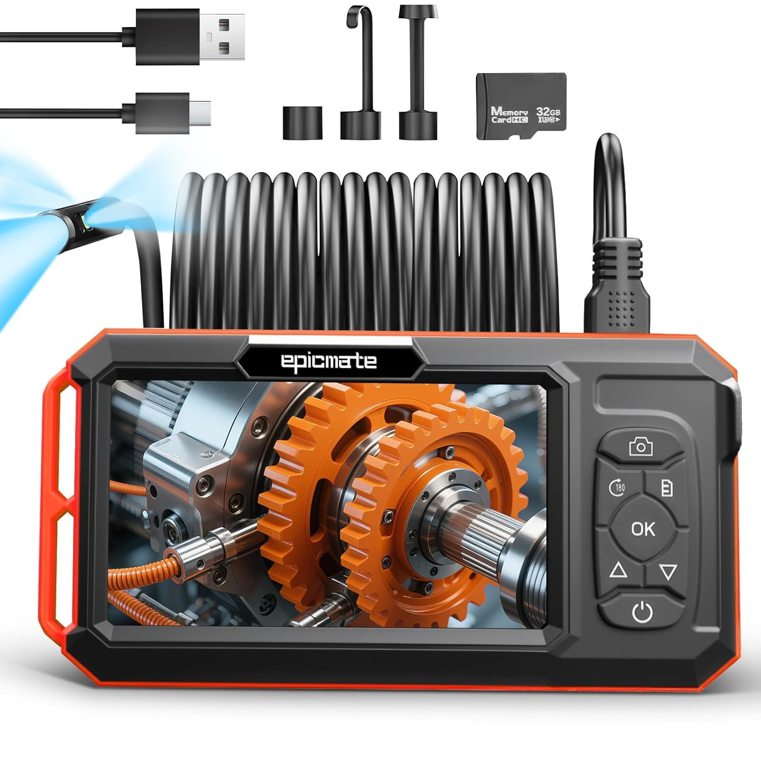 Triple Lens Borescope with 5" IPS Screen, 1920P HD Inspection Endoscope Camera w