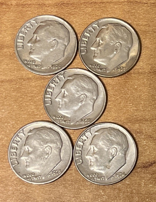 1970-P , 1971-P , 1972-P , 1973-P , 1974-P  Roosevelt Dimes  ( set of 5 )