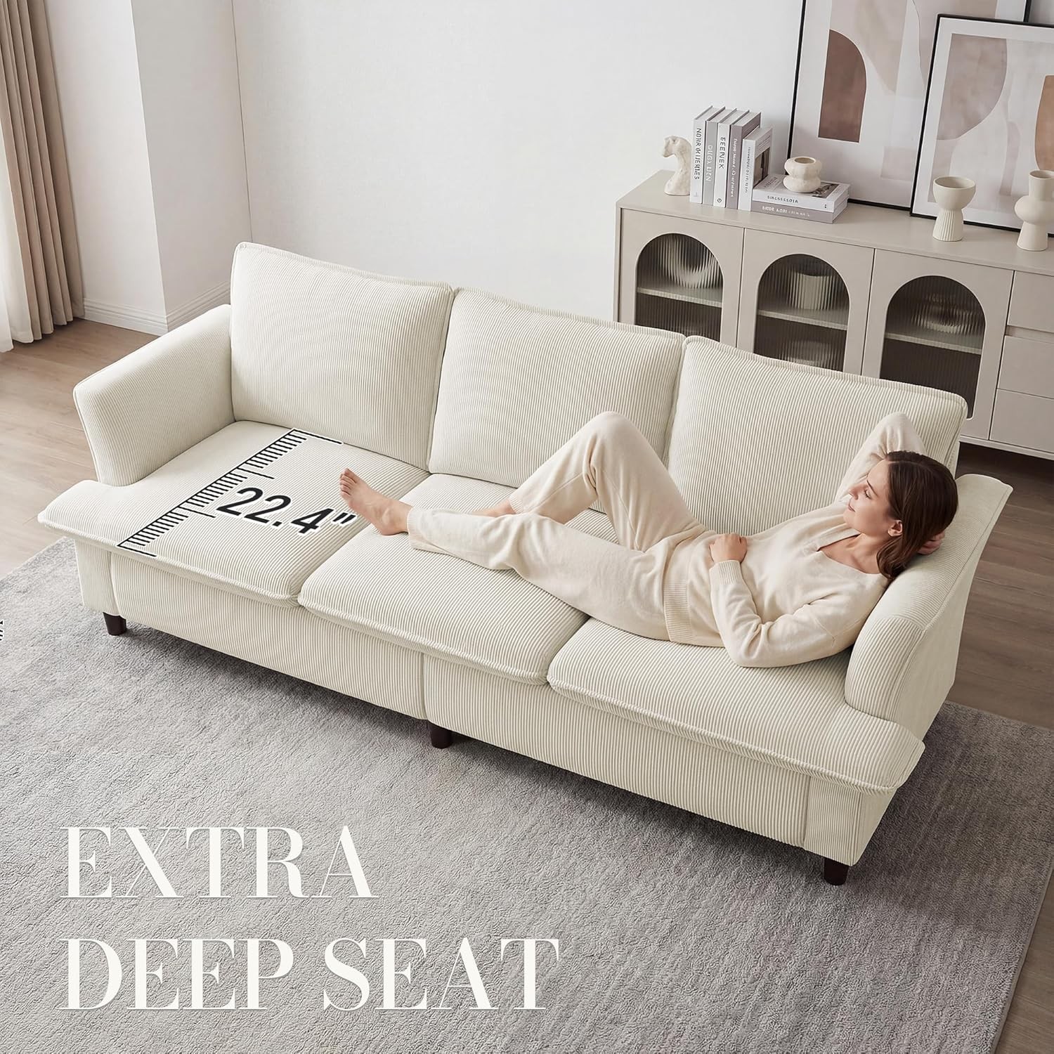 3 Seater Corduroy Couch 89" Comfy Couch W/ Deep Seat Modern Sofa Couch Living