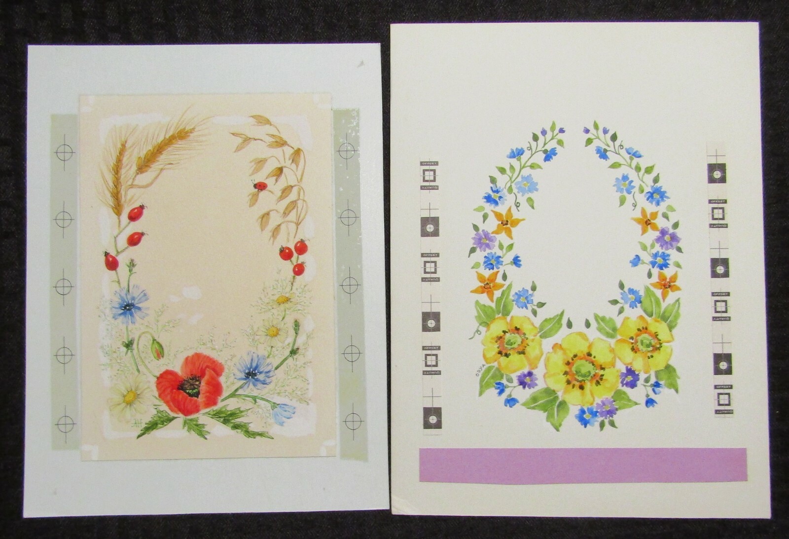 RED BLUE & YELLOW FLOWERS w/ Wheat & Ladybug 7.5x10" Greeting Card Art LOT of 2