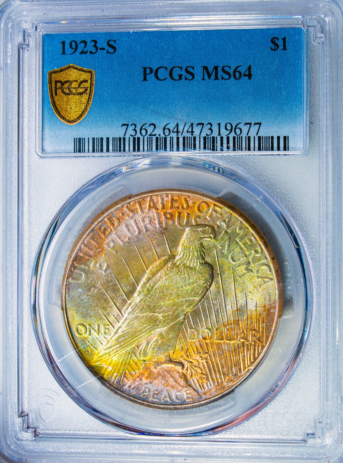 1923-S PCGS MS64 PEACE $$ BEAUTIFUL MULTICOLOR BRIGHT RAINBOW TONING (VIDEO) **