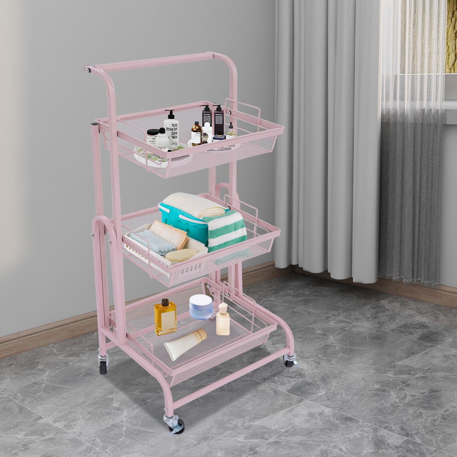3-Tier Adjustable Metal Rolling Utility Cart, Movable Storage Cart for Kitchen