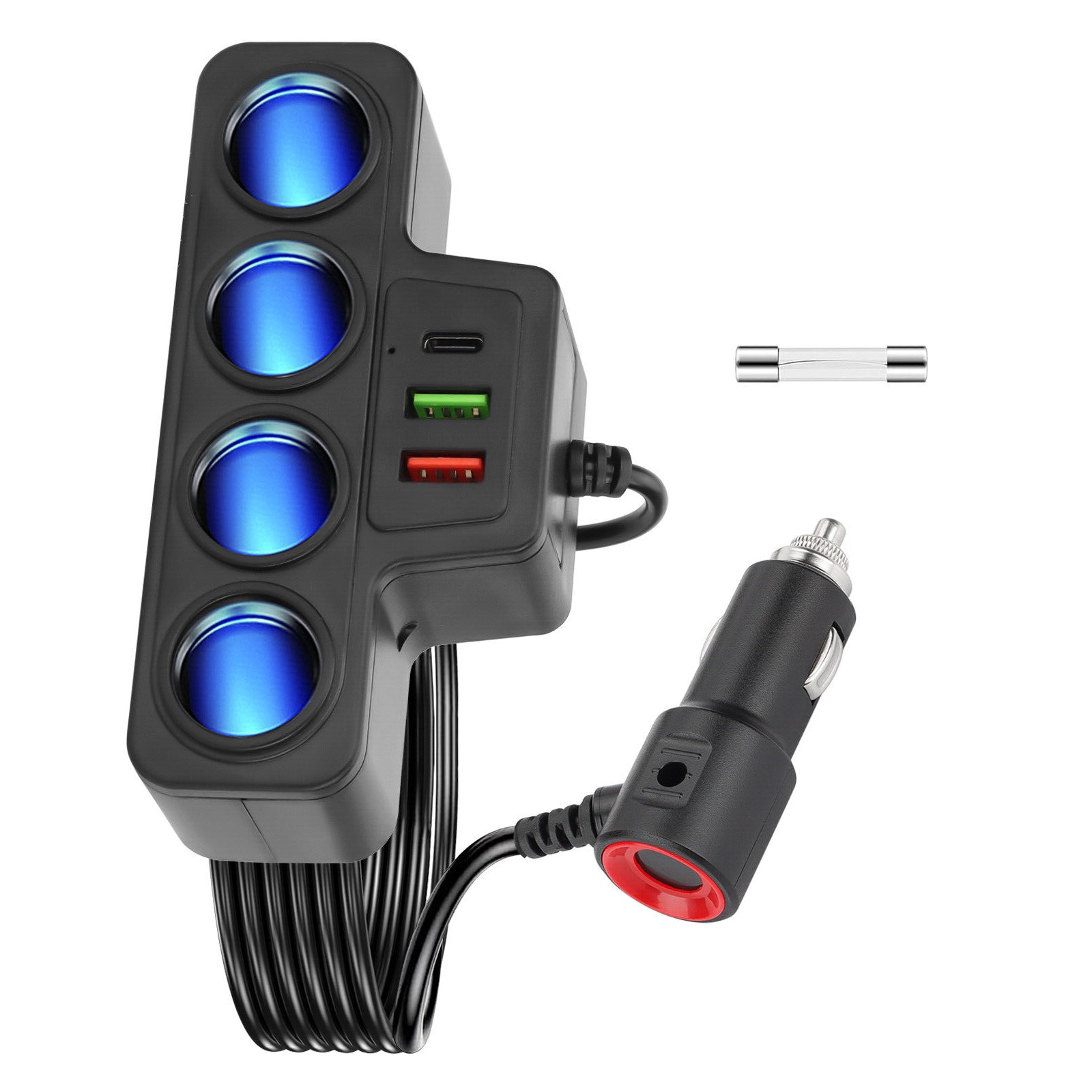7-in-1 4-Socket Car Cigarette Lighter Splitter USB Fast Charger Power Adapter