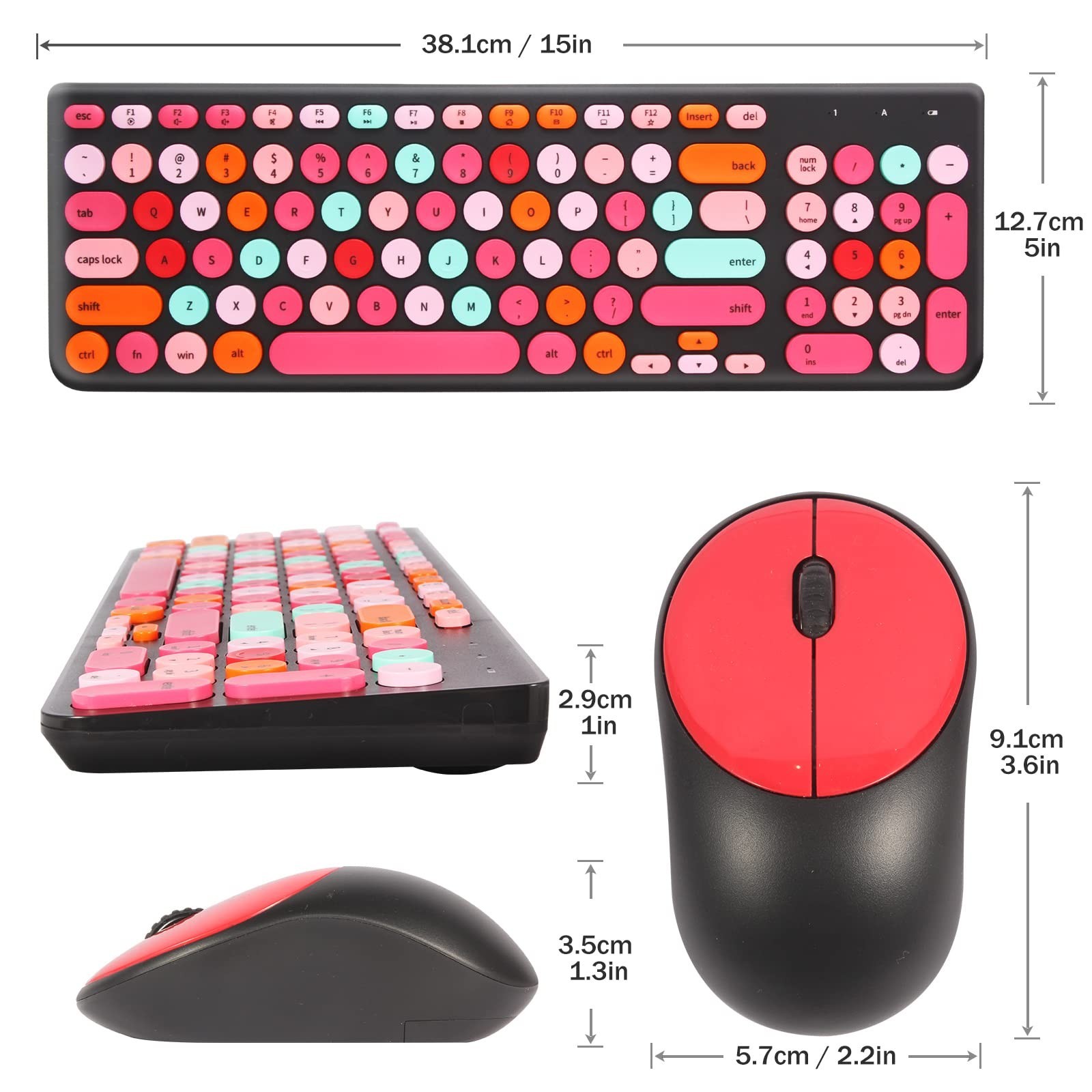 Wireless Keyboard and Mouse Combo, Retro Typewriter Keyboard with Round Keyca...