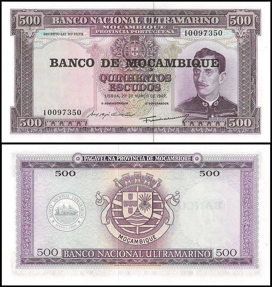 MOZAMBIQUE 500 ESCUDOS 1967 UNC OVERPRINT NEW BANK NAME,PORTRAIT OF CALDAS XAVIE
