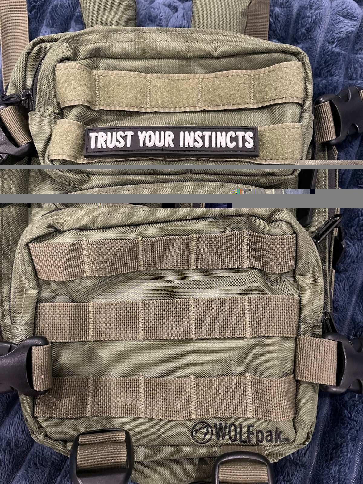 WOLFpak Green Tactical Backpack MOLLE Zip Closure "Trust Your Instincts" Patch