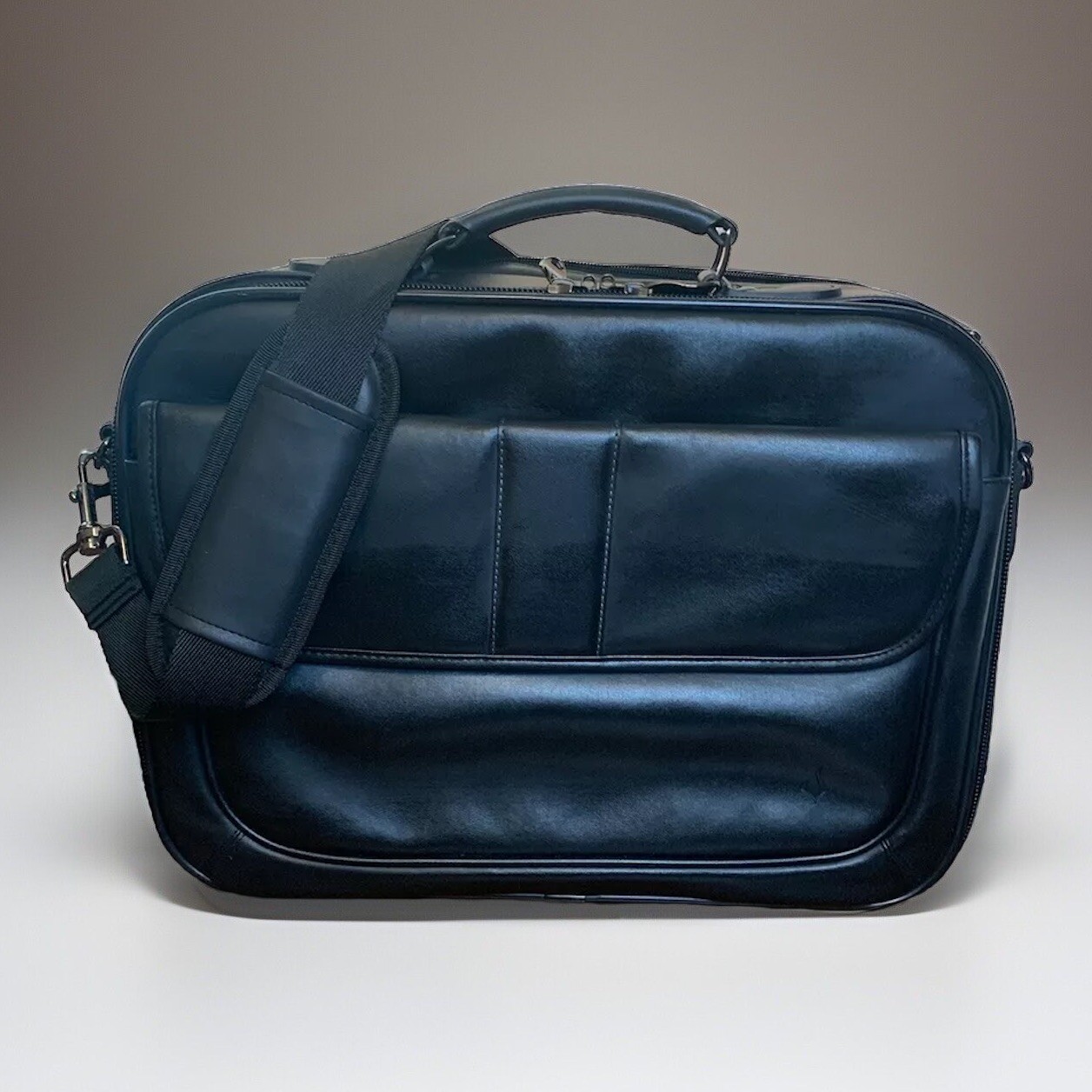 Black Leather Document Laptop Briefcase Multi Pocket W/Handle & Carrying Strap