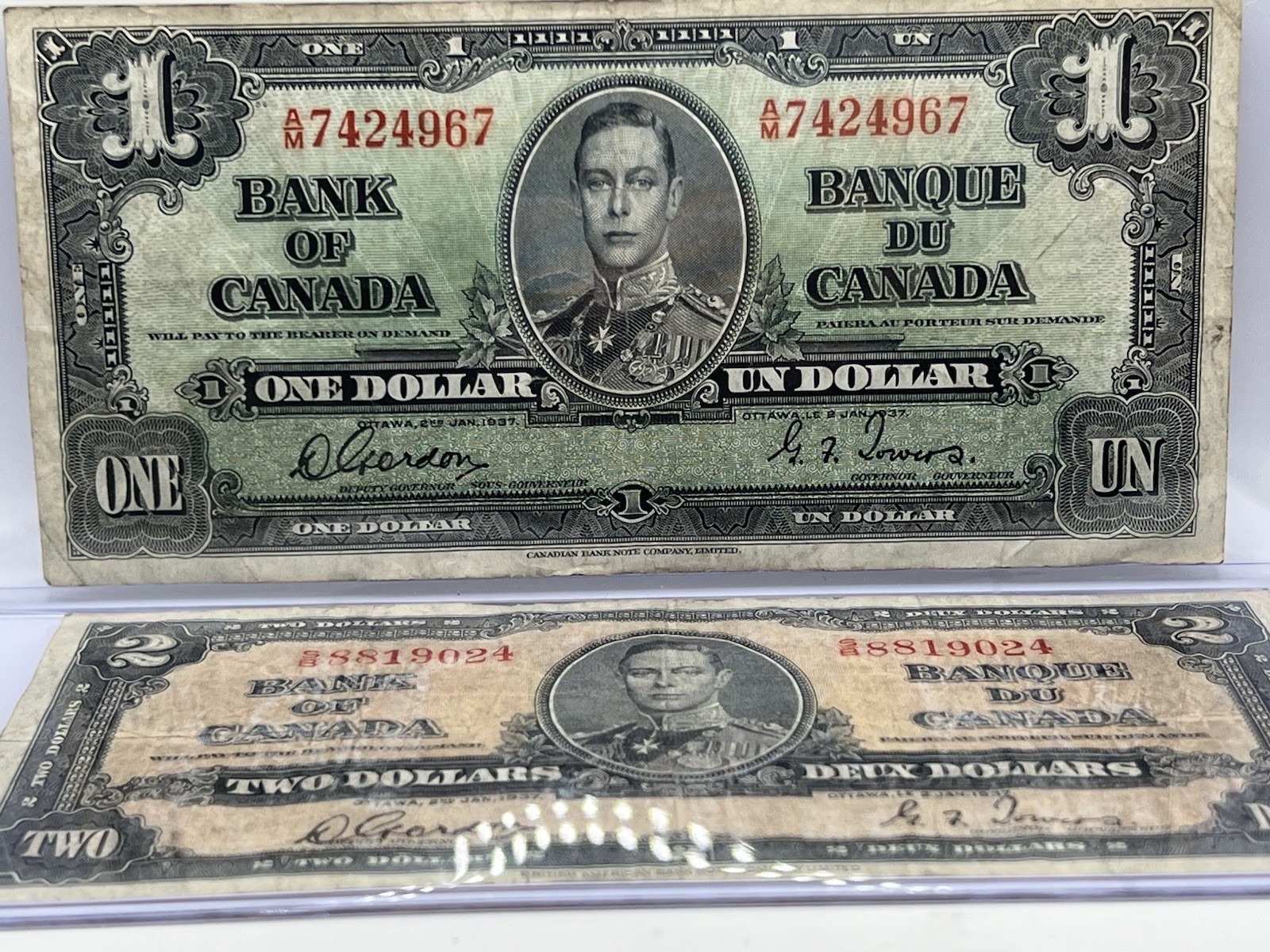 🇨🇦 Canada 2 dollars 1937 Gordon / Towers -1937 Bank of Canada $1 One Dollar