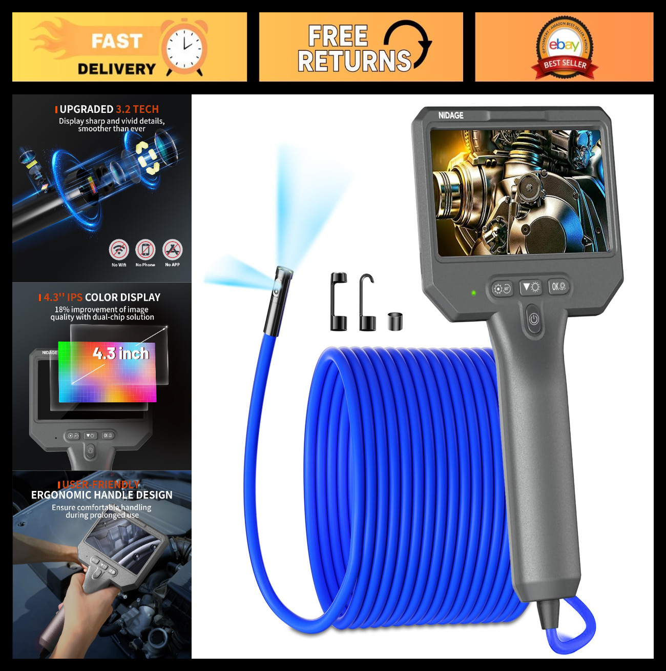 Dual Lens Endoscope Inspection Camera 1920P HD, 4.3" Screen, 11.5FT Cable, Water