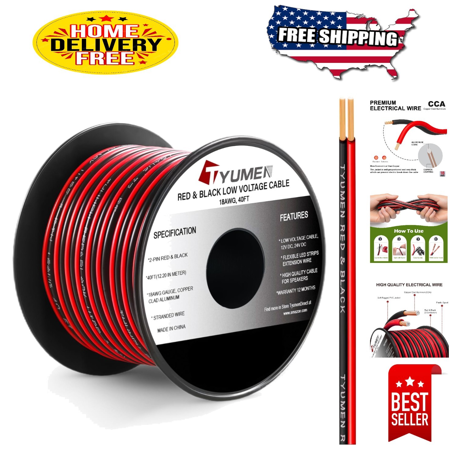 Versatile 40 Feet 18AWG Flexible PVC Extension Wire for LED Strip Lighting