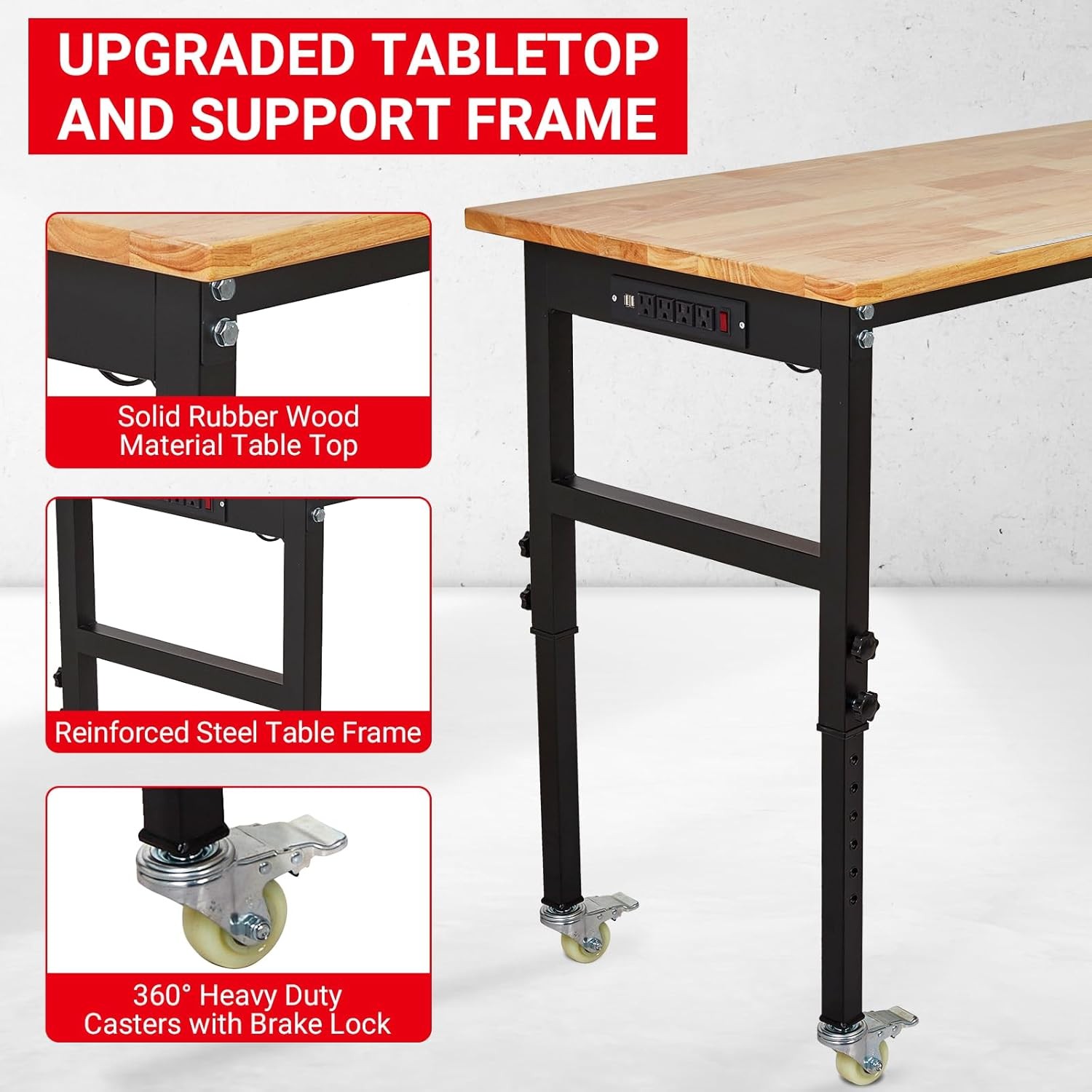 Height Adjustable Workbench with Wheels & Pegboard 48" x 24" Power Outlets Black