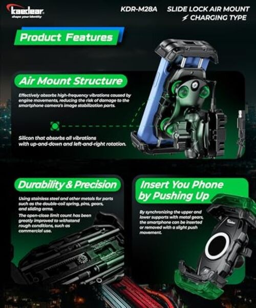 Motorcycle Smartphone Holder, Air Mount Vibration Absorption, QI & USB