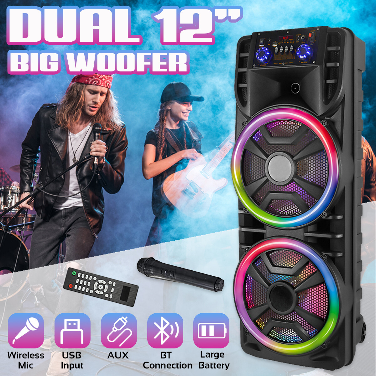 Dual 12'' Subwoofer Portable Bluetooth Party Speaker Heavy Bass Sound Mic FM DJ